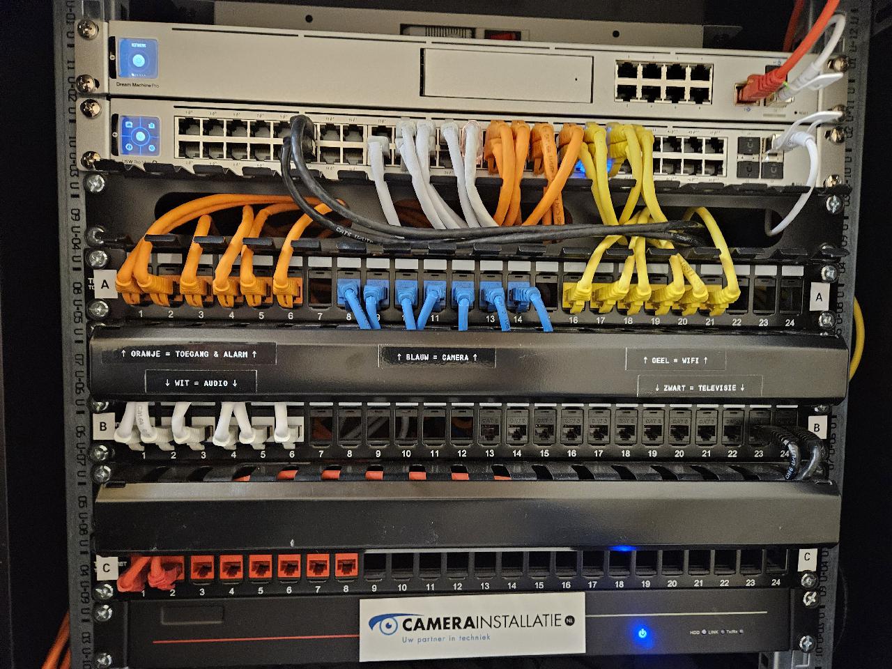 Netwerkkast met router, switch en patchpanelen, waarbij de patchkabels per kleur gelabeld zijn voor toegang, camera, wifi, audio en televisie