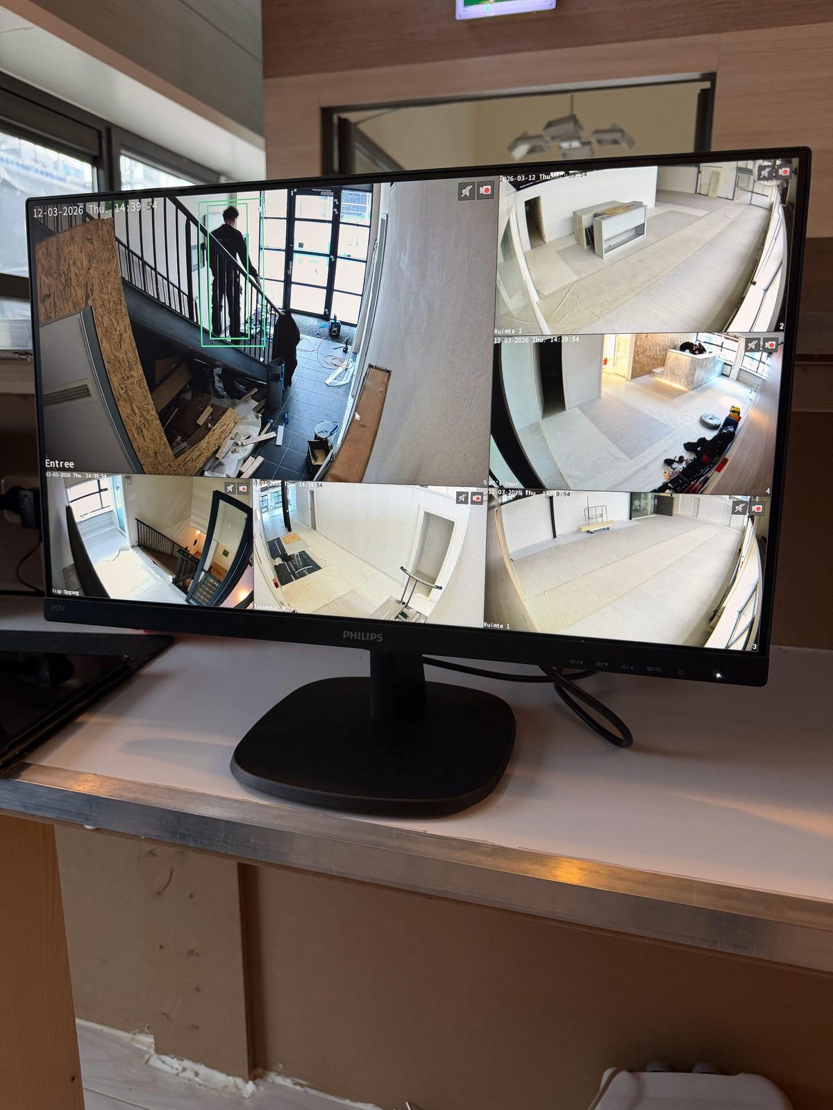 Zes camerabeelden tegelijk op een monitor, met personendetectie op de entree