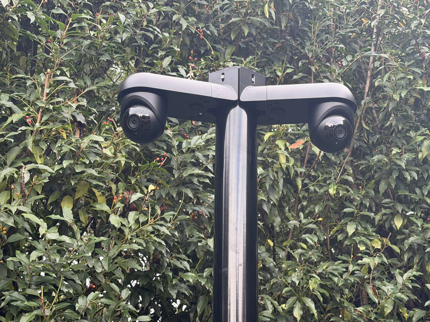 Twee AI-camera&rsquo;s naast elkaar op de dwarsarm van een cameramast, met de haag erachter