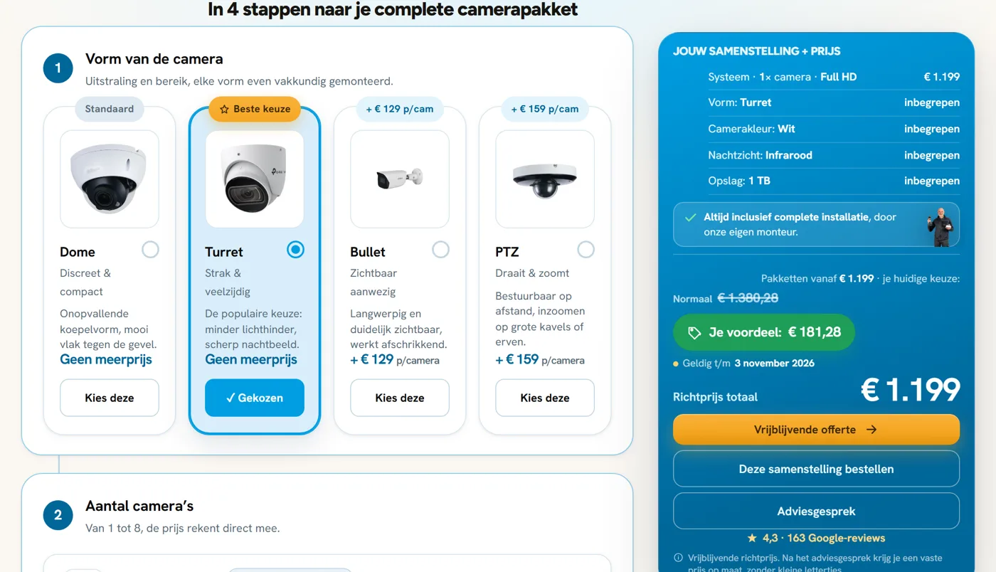 Schermafbeelding van onze camera-samensteller met de prijs ernaast