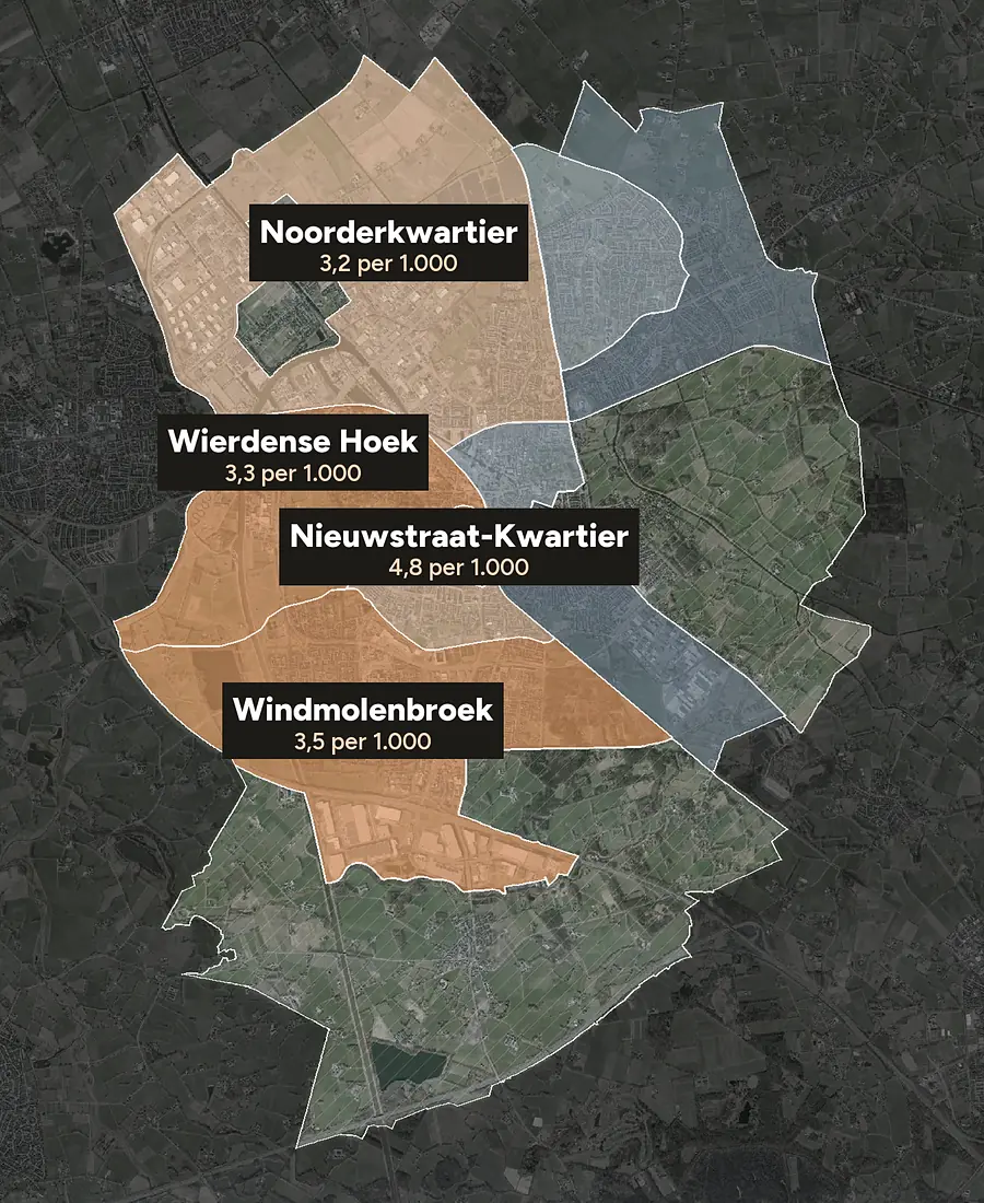 Luchtfoto van Almelo met de wijken ingekleurd