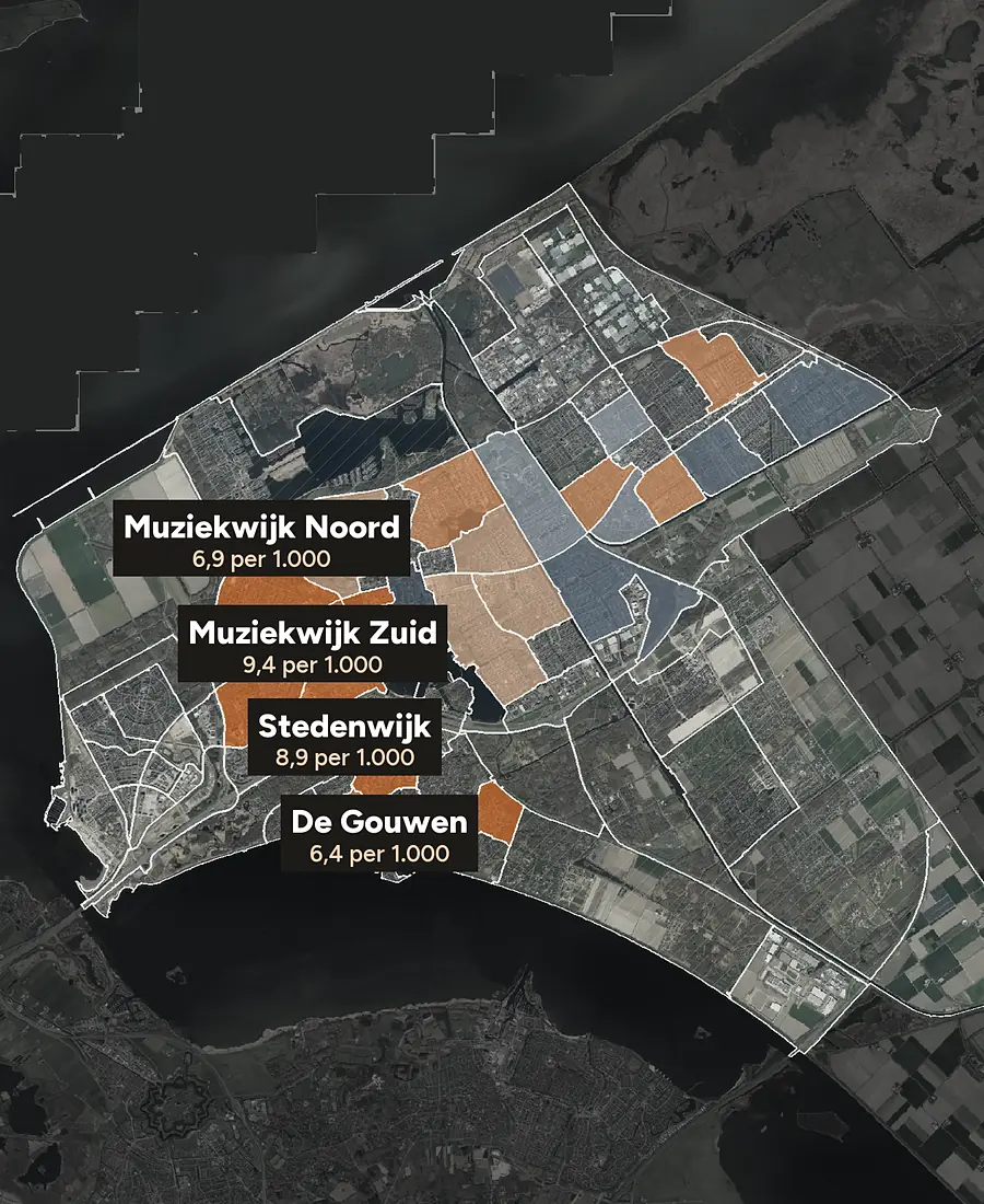 Luchtfoto van Almere met de wijken ingekleurd