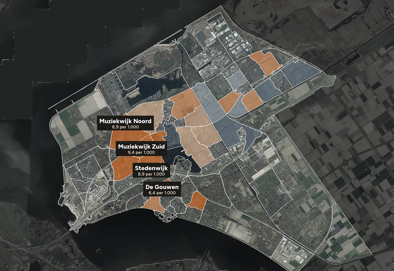 Luchtfoto van Almere met de wijken ingekleurd naar woninginbraken per 1.000 woningen