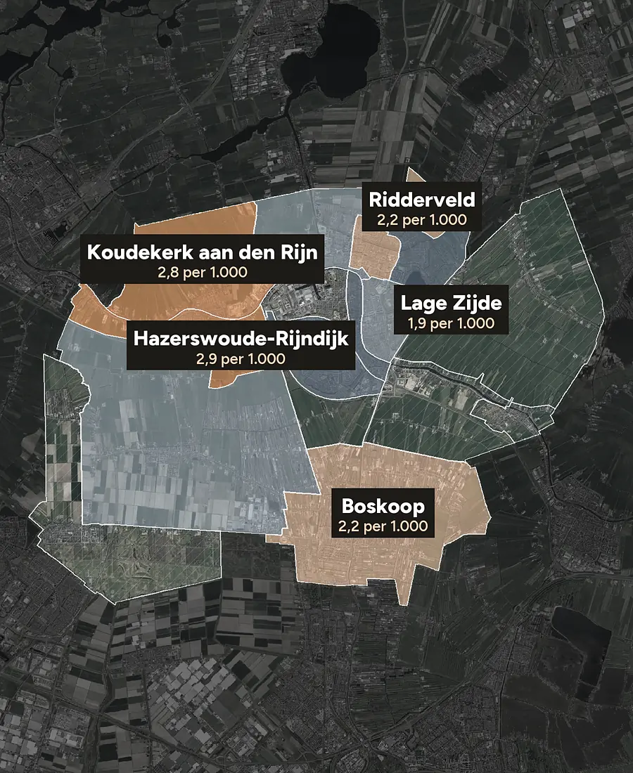 Luchtfoto van Alphen aan den Rijn met de wijken ingekleurd