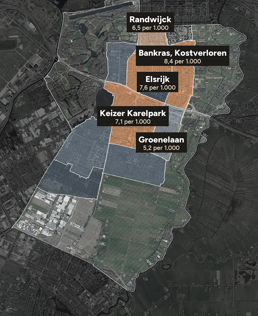 Luchtfoto van Amstelveen met de wijken ingekleurd