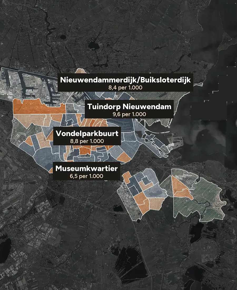 Luchtfoto van Amsterdam met de wijken ingekleurd