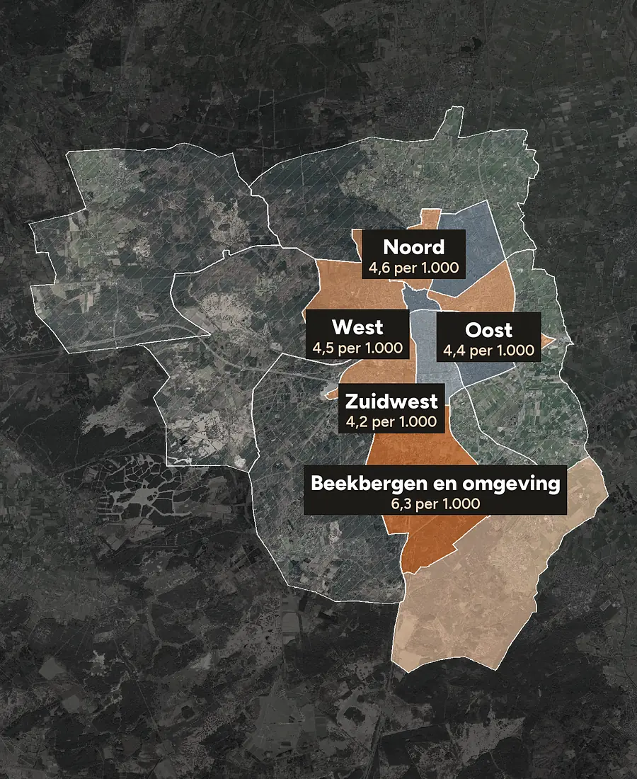 Luchtfoto van Apeldoorn met de wijken ingekleurd