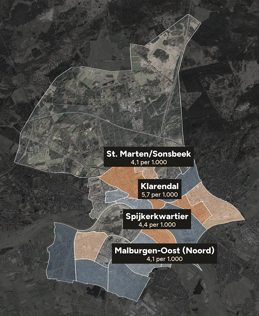 Luchtfoto van Arnhem met de wijken ingekleurd