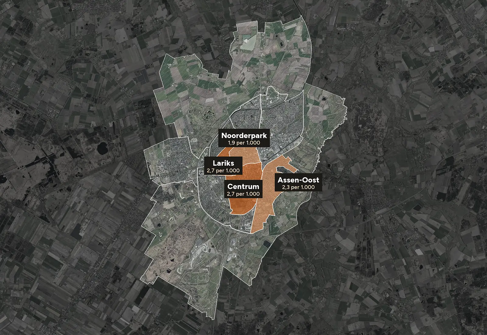 Luchtfoto van Assen met de wijken ingekleurd naar woninginbraken per 1.000 woningen, 2023-2025