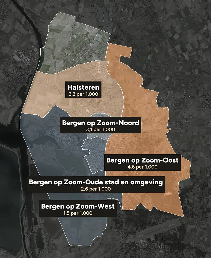 Luchtfoto van Bergen op Zoom met de wijken ingekleurd