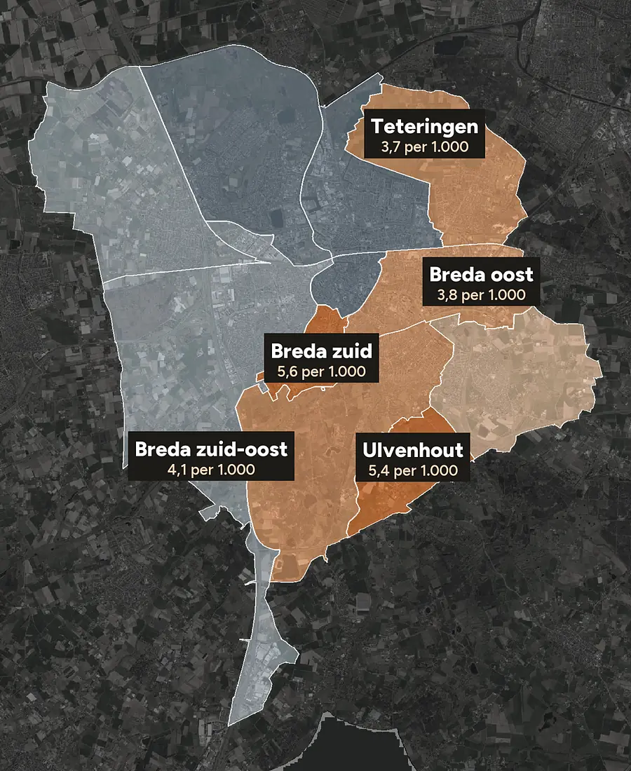 Luchtfoto van Breda met de wijken ingekleurd