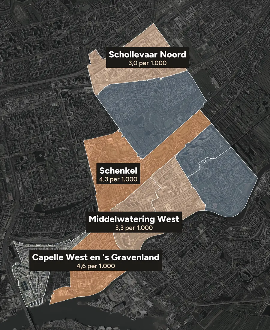 Luchtfoto van Capelle aan den IJssel met de wijken ingekleurd