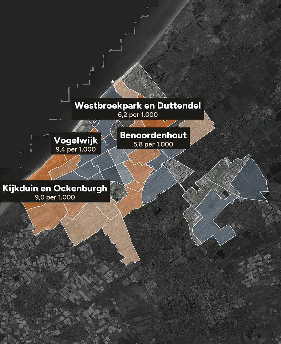 Luchtfoto van Den Haag met de wijken ingekleurd