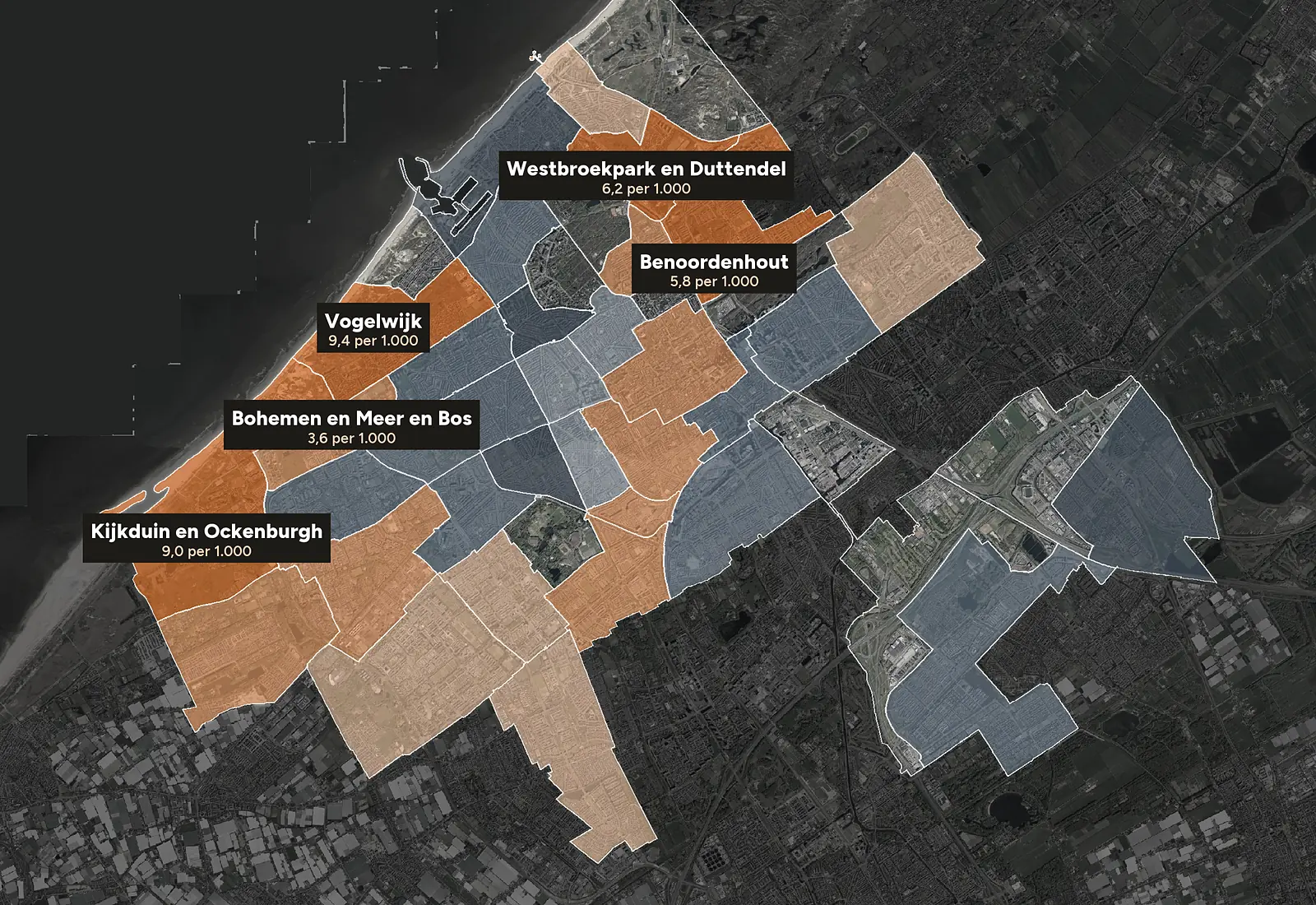 Luchtfoto van Den Haag met de wijken ingekleurd naar woninginbraken per 1.000 woningen, 2023-2025