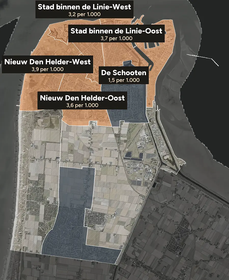 Luchtfoto van Den Helder met de wijken ingekleurd