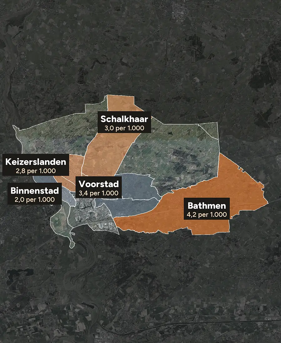 Luchtfoto van Deventer met de wijken ingekleurd