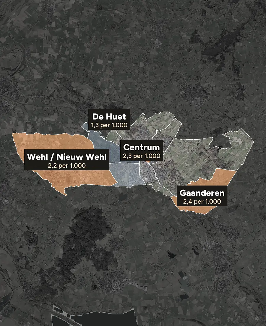 Luchtfoto van Doetinchem met de wijken ingekleurd