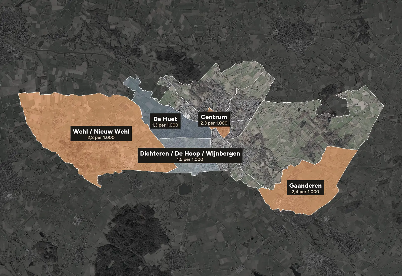 Luchtfoto van Doetinchem met de wijken ingekleurd naar woninginbraken per 1.000 woningen, 2023-2025
