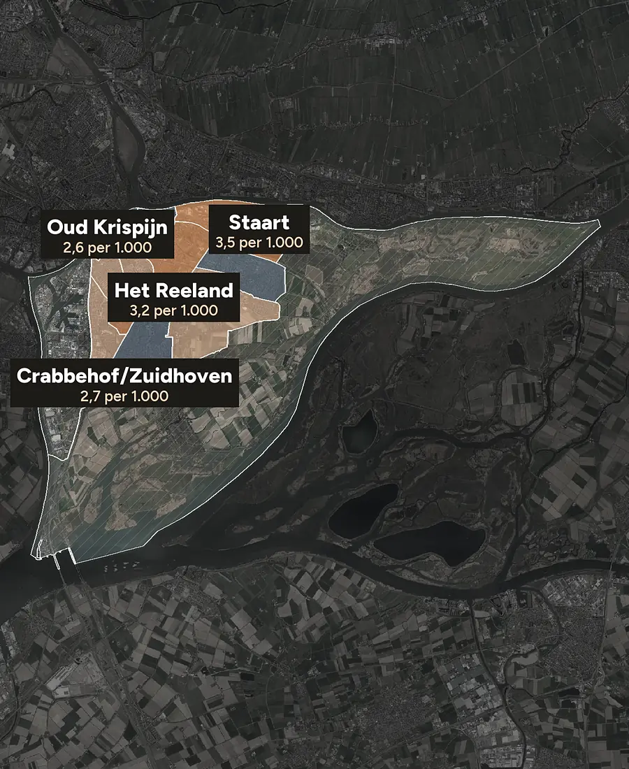 Luchtfoto van Dordrecht met de wijken ingekleurd