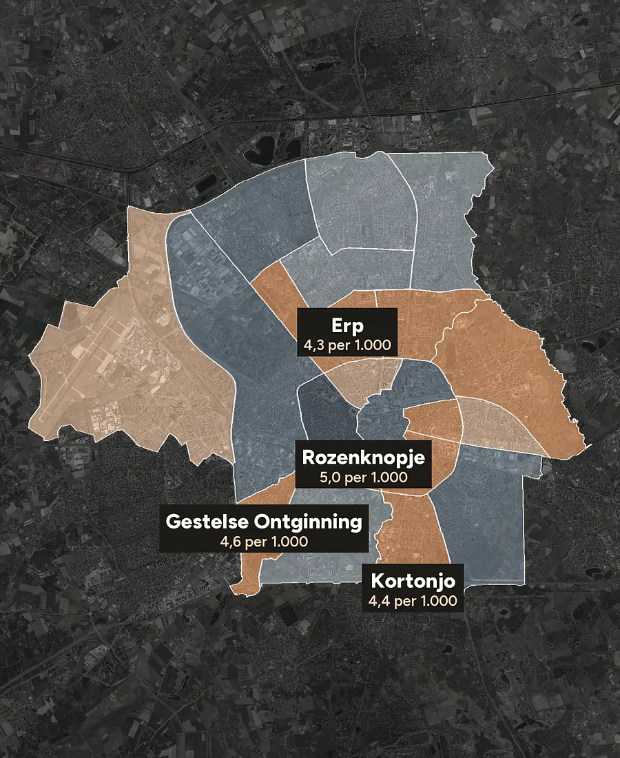 Luchtfoto van Eindhoven met de wijken ingekleurd