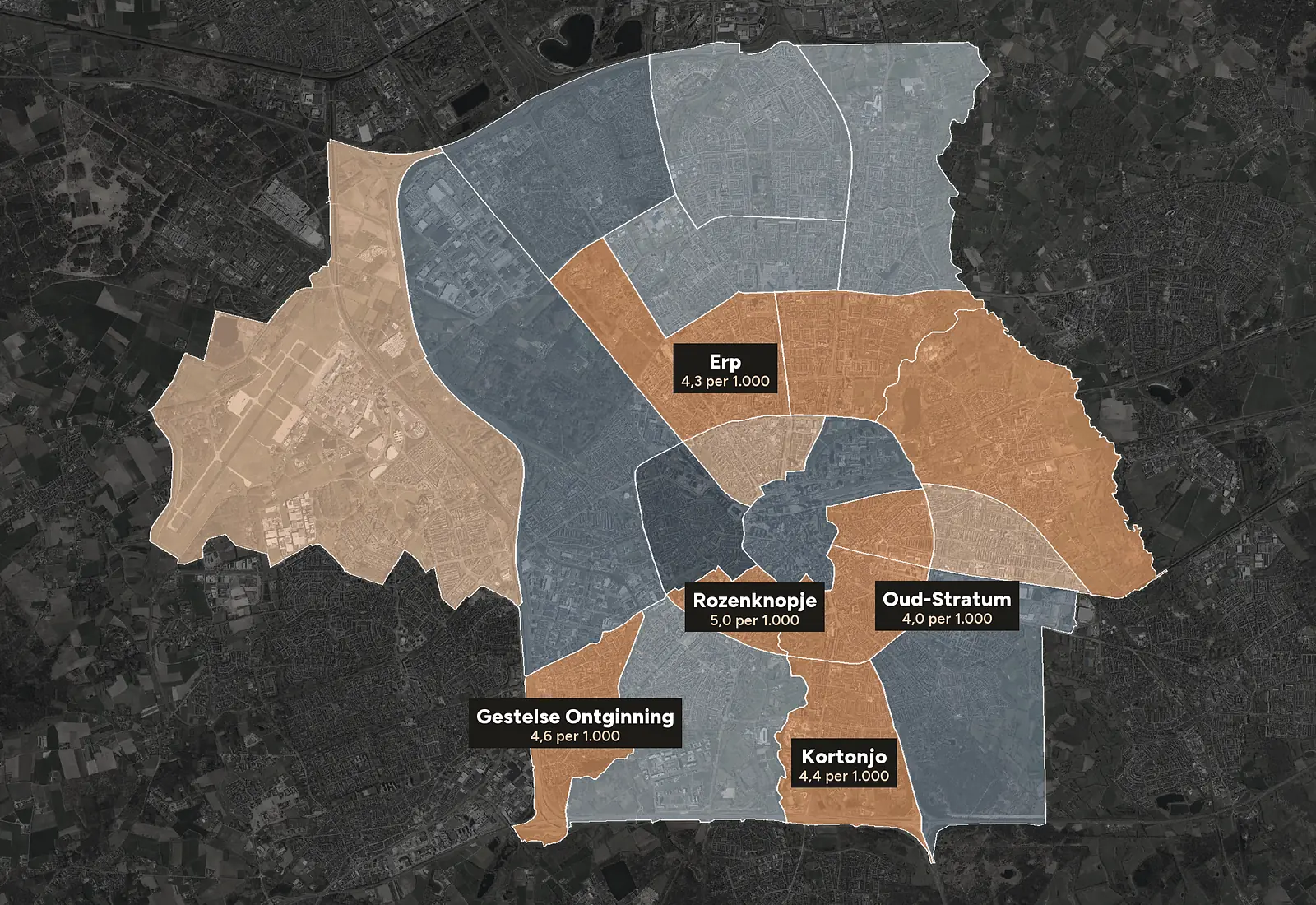 Luchtfoto van Eindhoven met de wijken ingekleurd naar woninginbraken per 1.000 woningen, 2023-2025