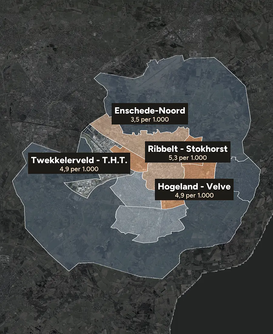 Luchtfoto van Enschede met de wijken ingekleurd