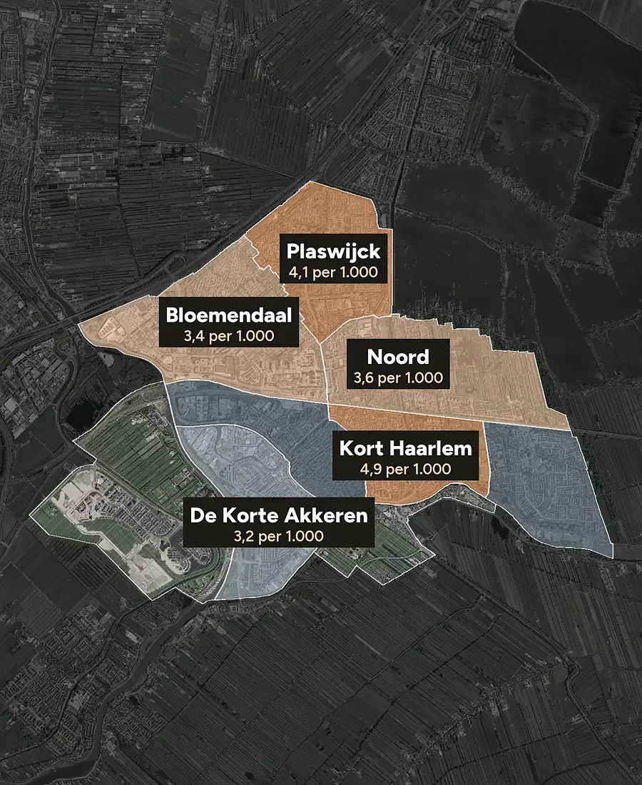Luchtfoto van Gouda met de wijken ingekleurd