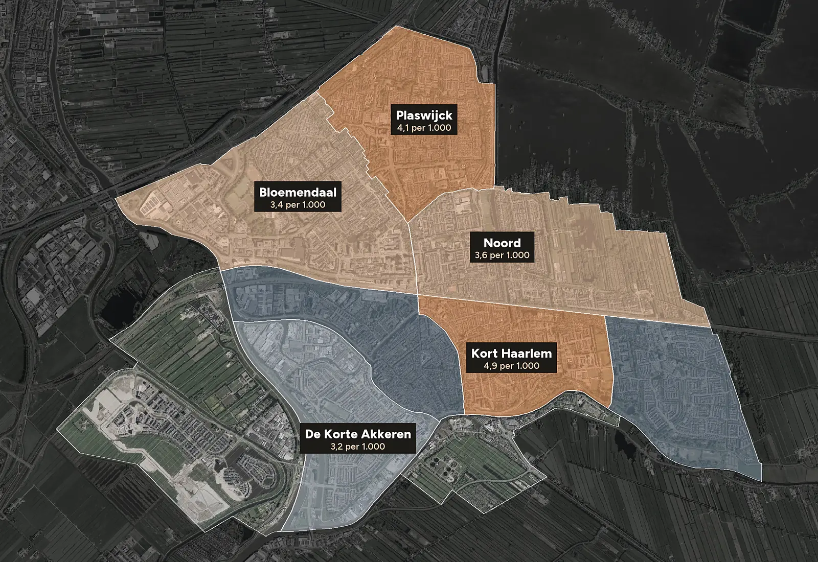 Luchtfoto van Gouda met de wijken ingekleurd naar woninginbraken per 1.000 woningen, 2023-2025