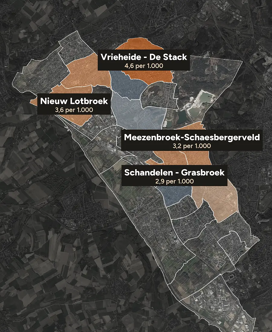 Luchtfoto van Heerlen met de wijken ingekleurd