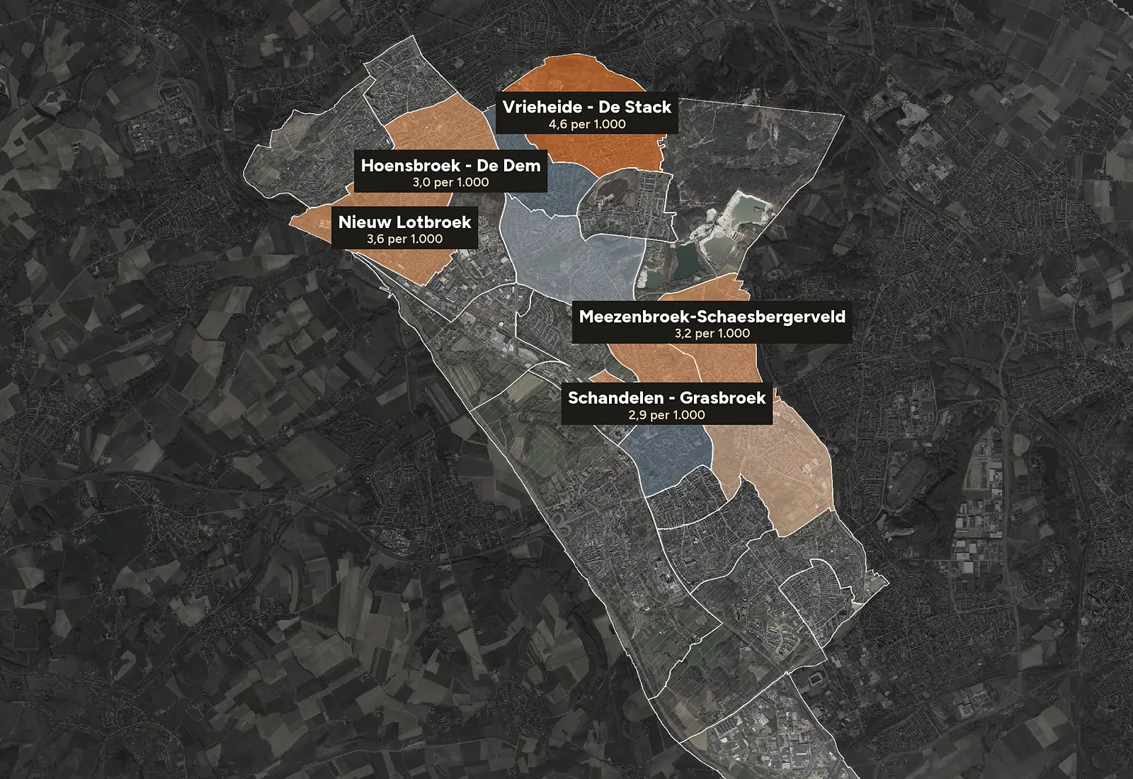 Luchtfoto van Heerlen met de wijken ingekleurd naar woninginbraken per 1.000 woningen, 2023-2025