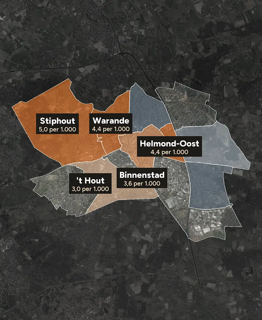 Luchtfoto van Helmond met de wijken ingekleurd