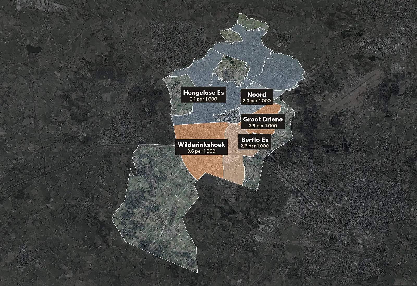 Luchtfoto van Hengelo met de wijken ingekleurd naar woninginbraken per 1.000 woningen, 2023-2025