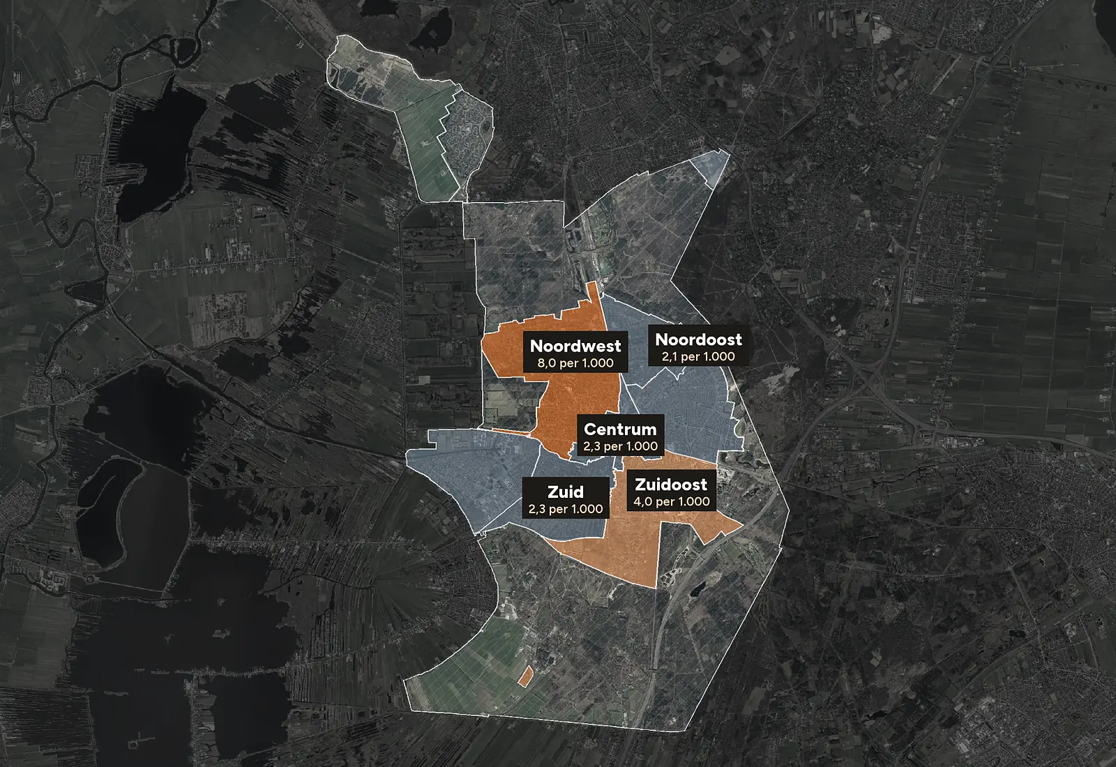 Luchtfoto van Hilversum met de wijken ingekleurd naar woninginbraken per 1.000 woningen, 2023-2025