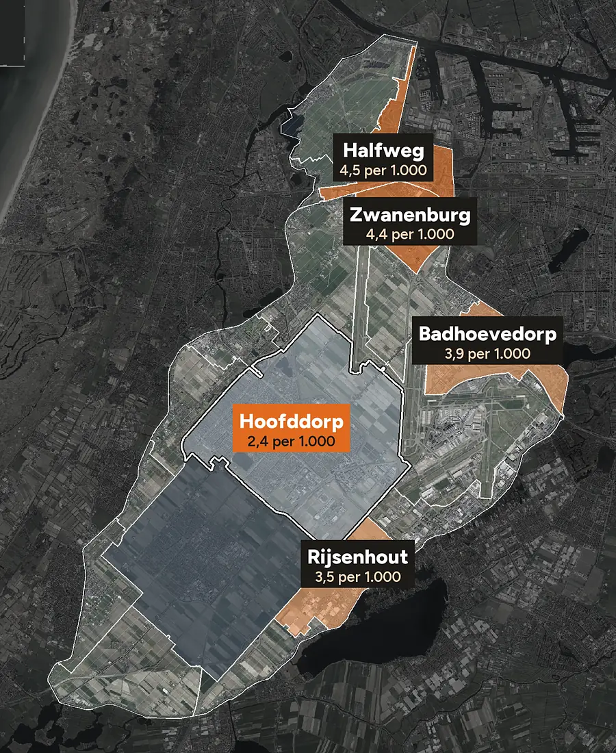 Luchtfoto van Hoofddorp met de wijken ingekleurd