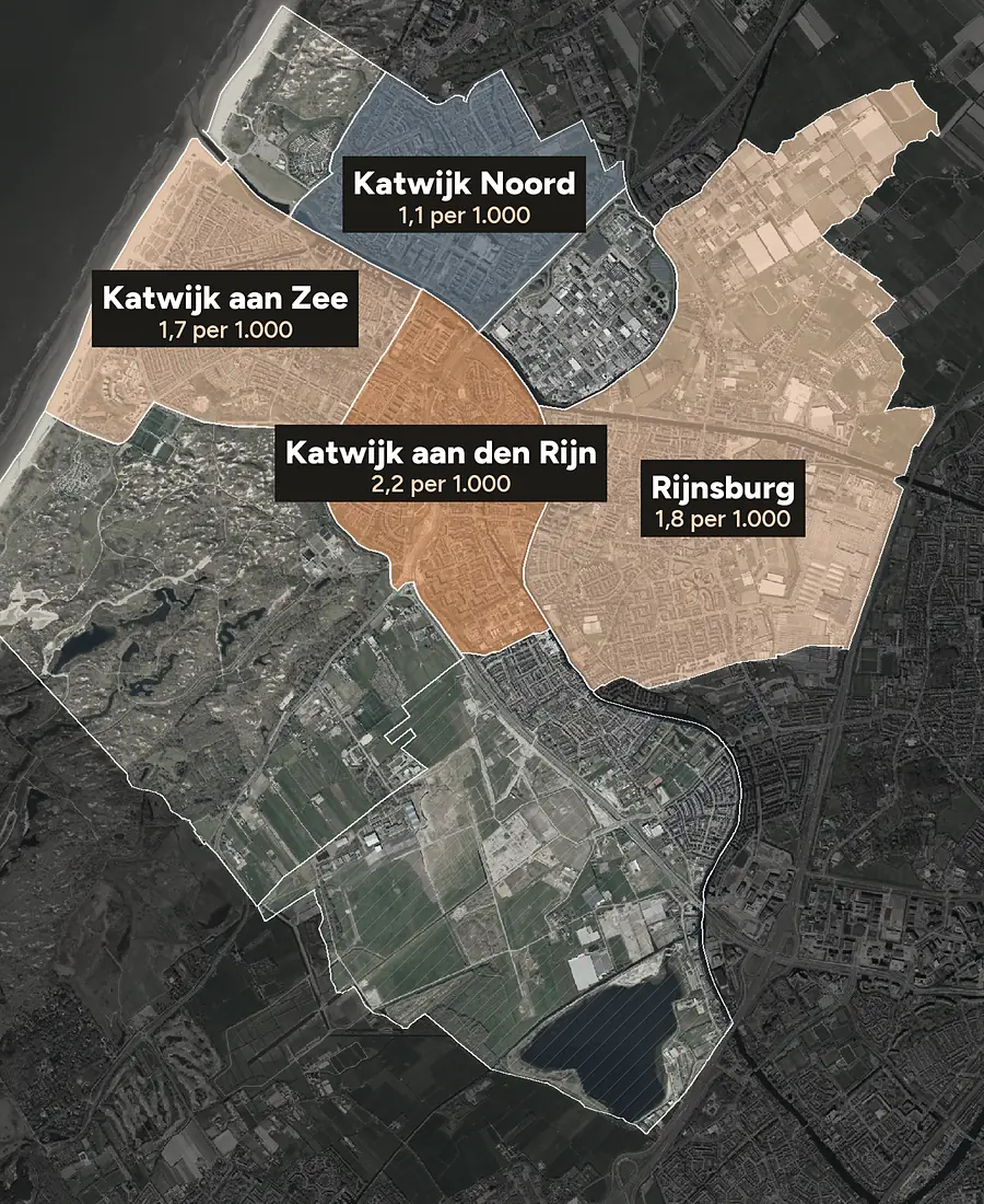 Luchtfoto van Katwijk met de wijken ingekleurd