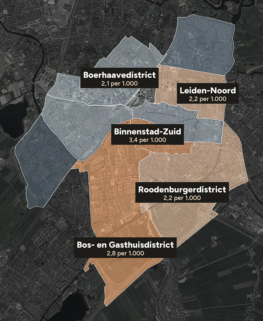 Luchtfoto van Leiden met de wijken ingekleurd