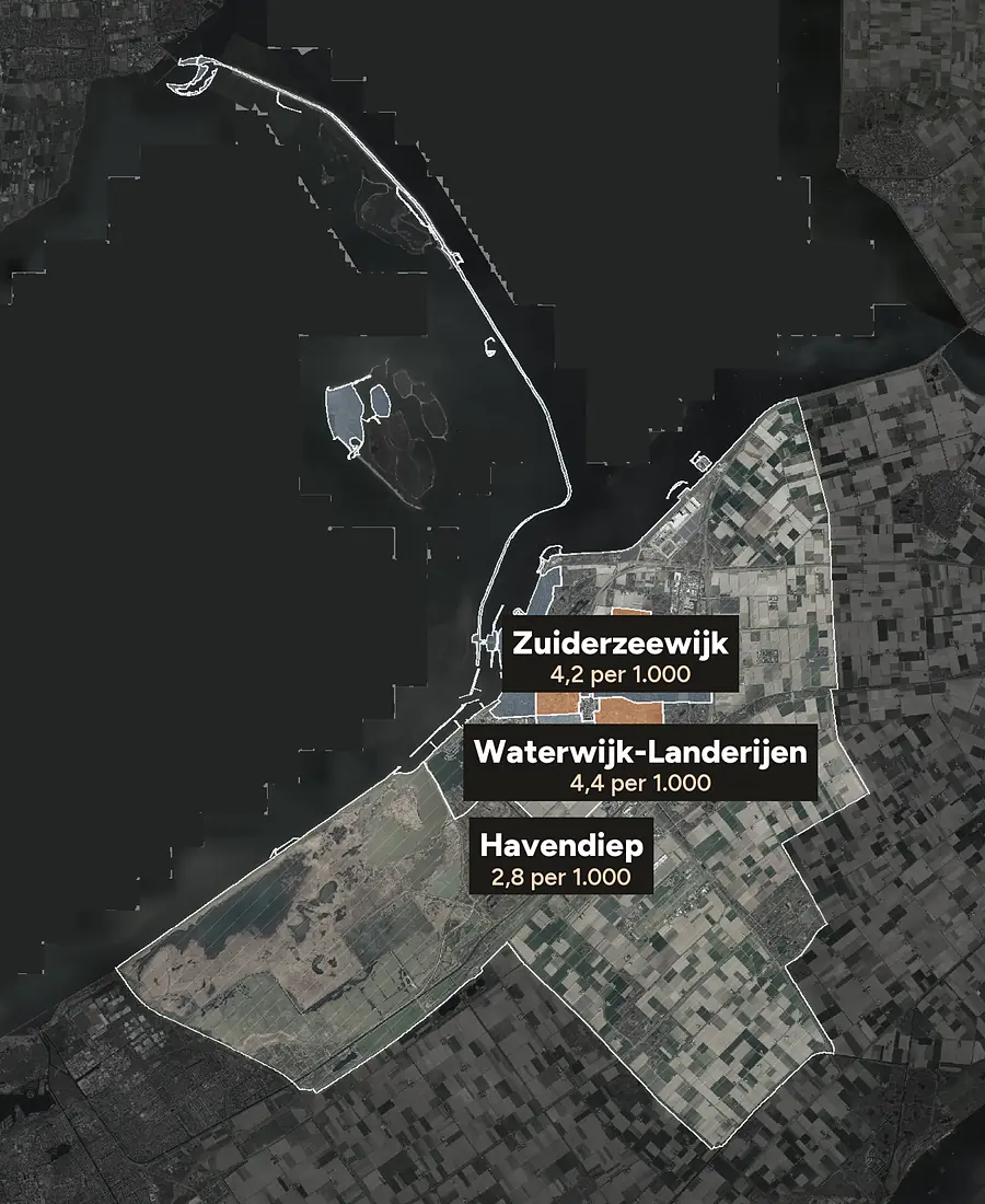 Luchtfoto van Lelystad met de wijken ingekleurd