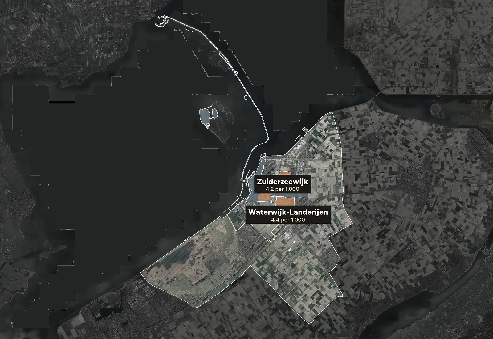 Luchtfoto van Lelystad met de wijken ingekleurd naar woninginbraken per 1.000 woningen, 2023-2025