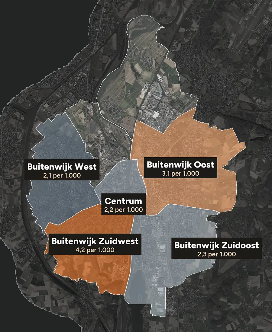 Luchtfoto van Maastricht met de wijken ingekleurd
