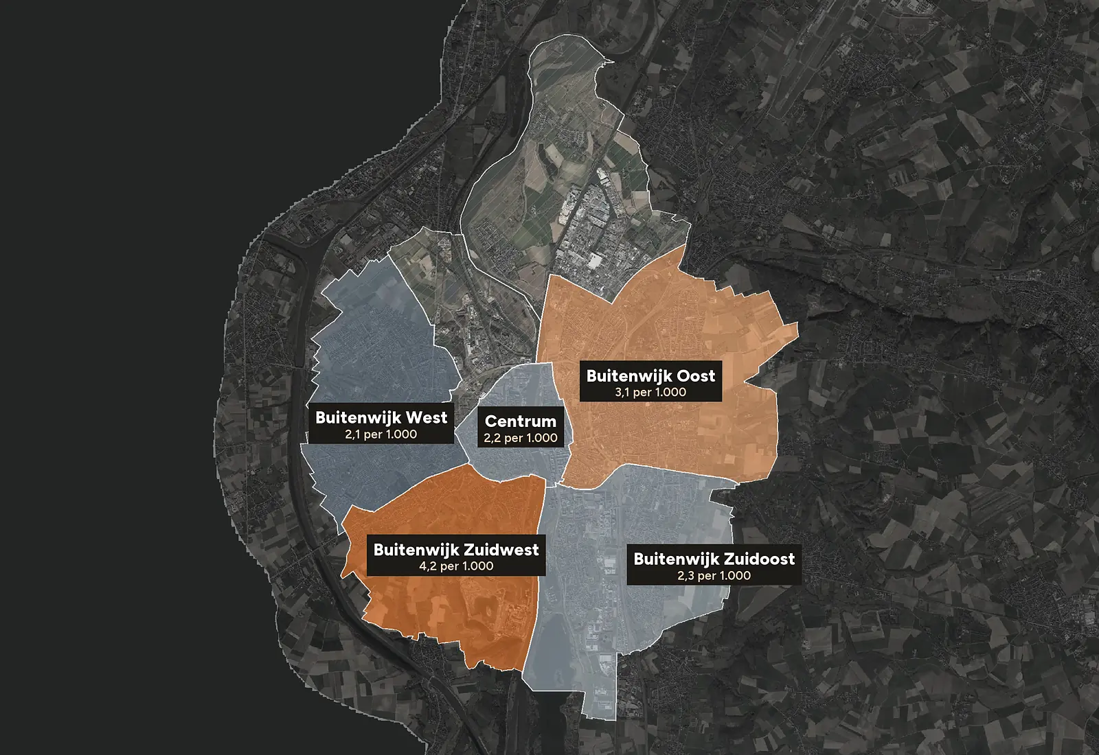 Luchtfoto van Maastricht met de wijken ingekleurd naar woninginbraken per 1.000 woningen, 2023-2025