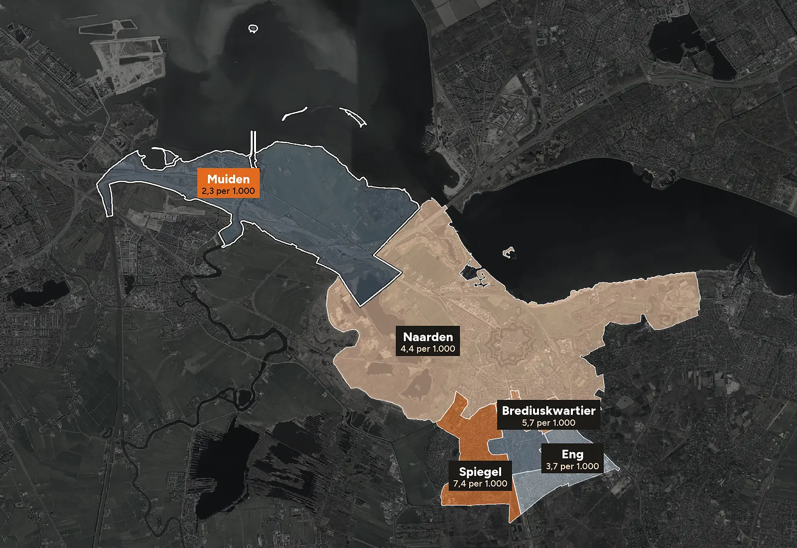 Luchtfoto van Muiden en de rest van Gooise Meren met de wijken ingekleurd naar woninginbraken per 1.000 woningen, 2023-2025