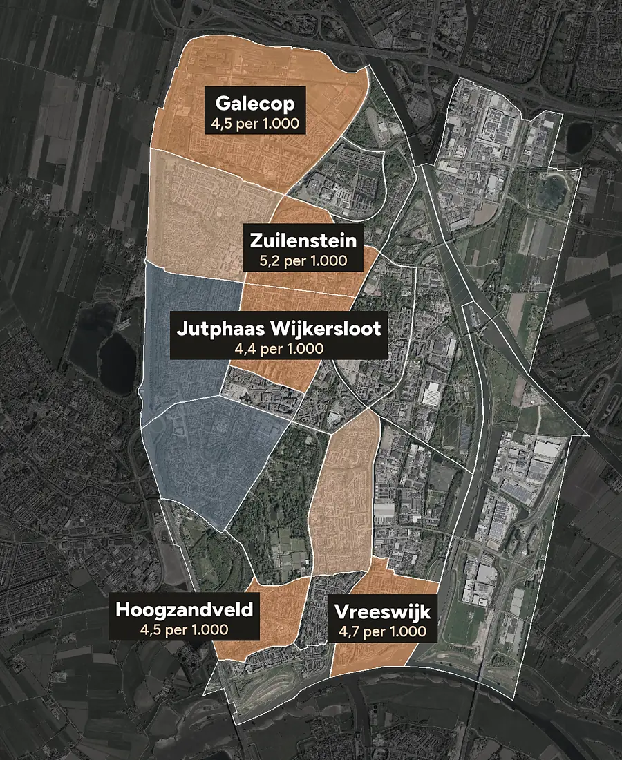 Luchtfoto van Nieuwegein met de wijken ingekleurd