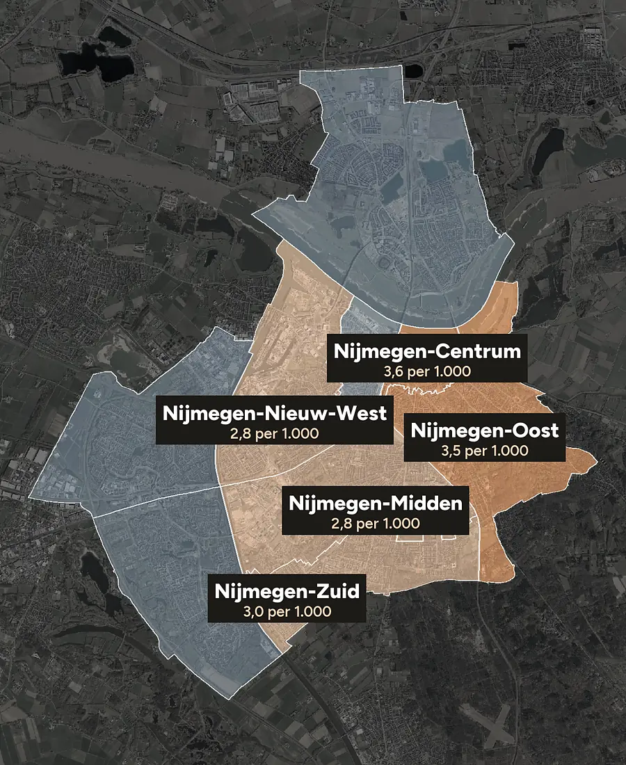 Luchtfoto van Nijmegen met de wijken ingekleurd