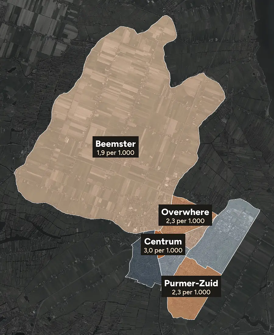 Luchtfoto van Purmerend met de wijken ingekleurd