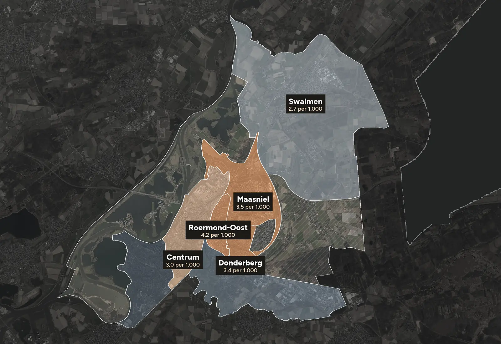 Luchtfoto van Roermond met de wijken ingekleurd naar woninginbraken per 1.000 woningen, 2023-2025