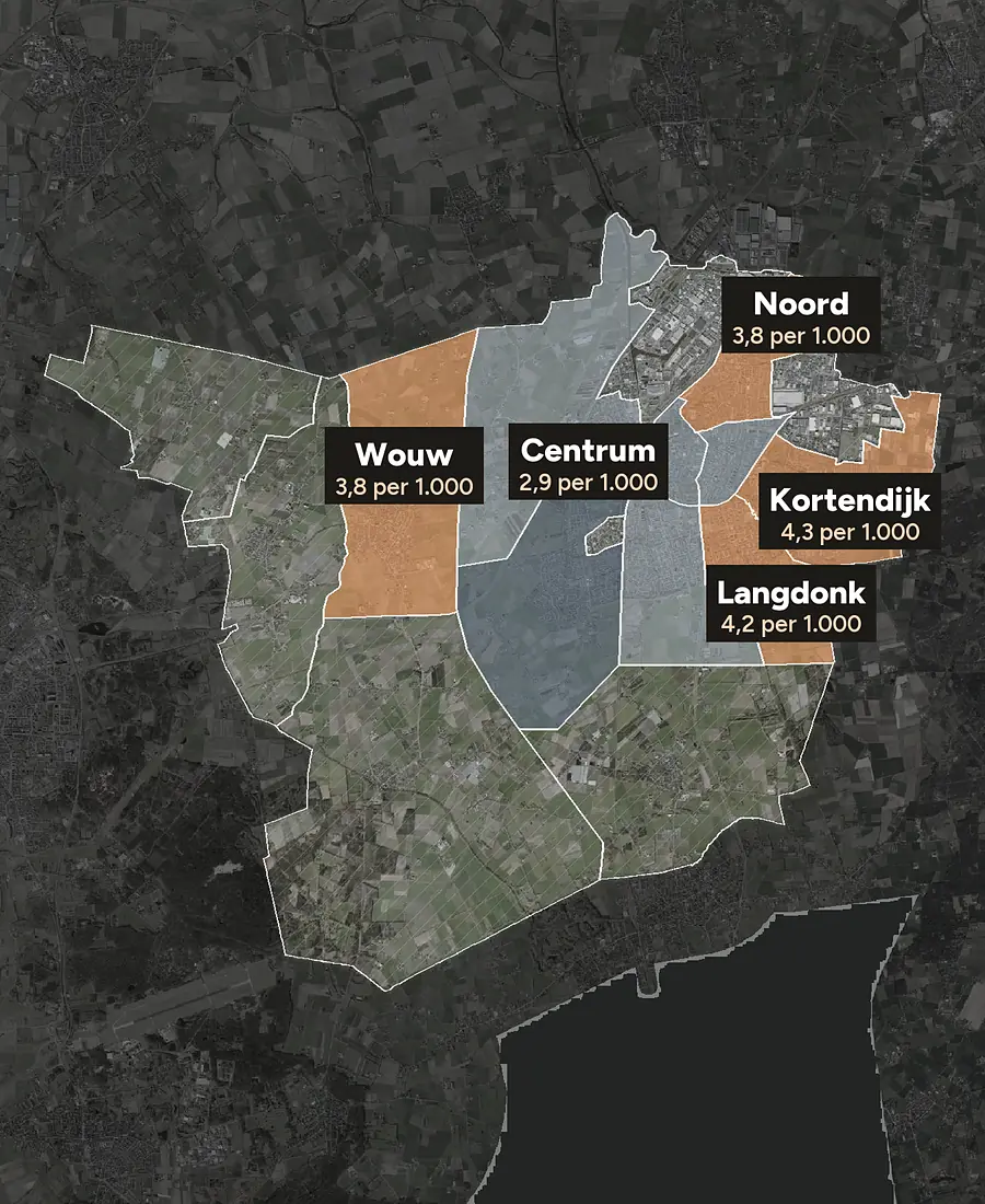 Luchtfoto van Roosendaal met de wijken ingekleurd