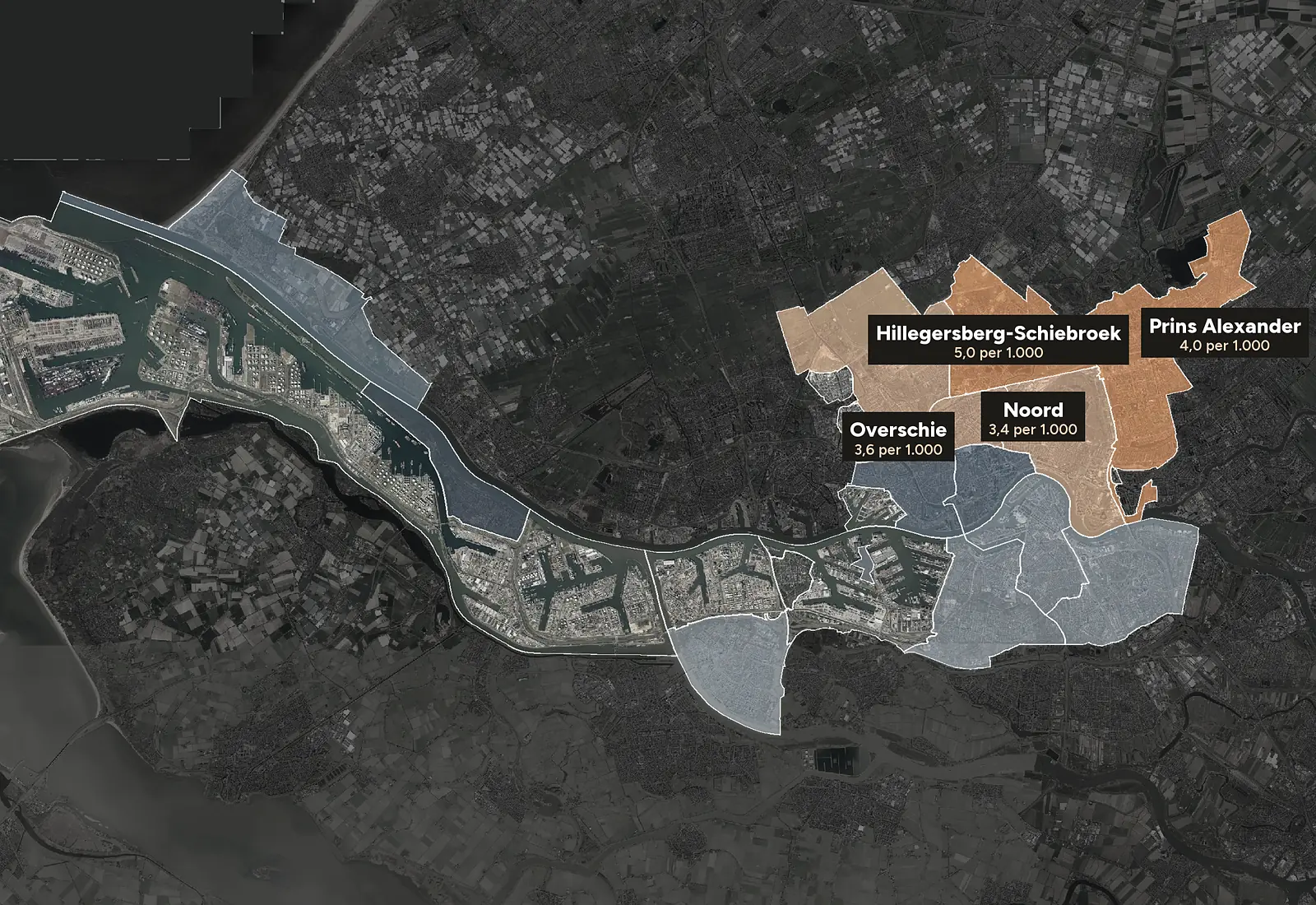 Luchtfoto van Rotterdam met de wijken ingekleurd naar woninginbraken per 1.000 woningen, 2023-2025