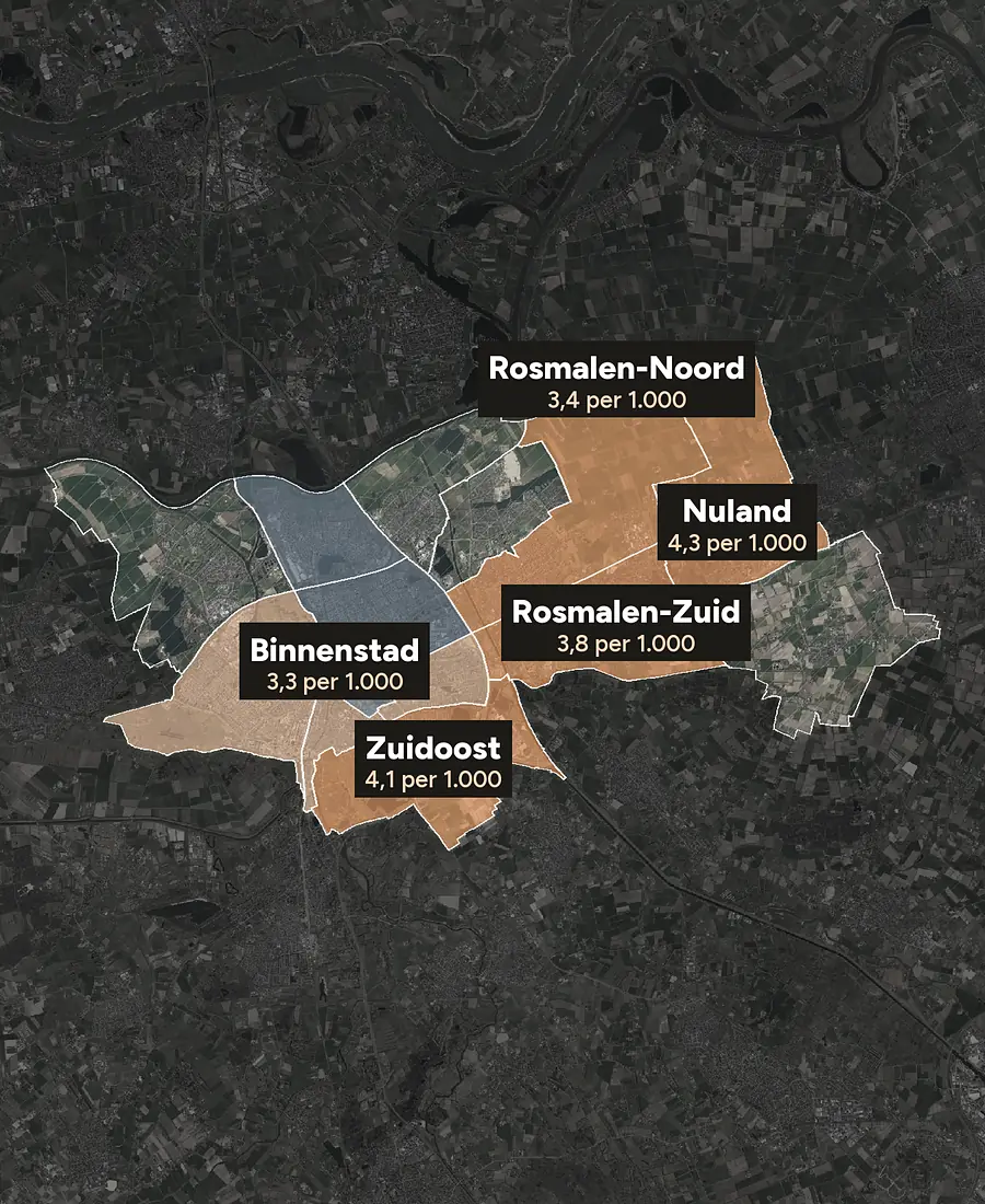 Luchtfoto van ’s-Hertogenbosch met de wijken ingekleurd