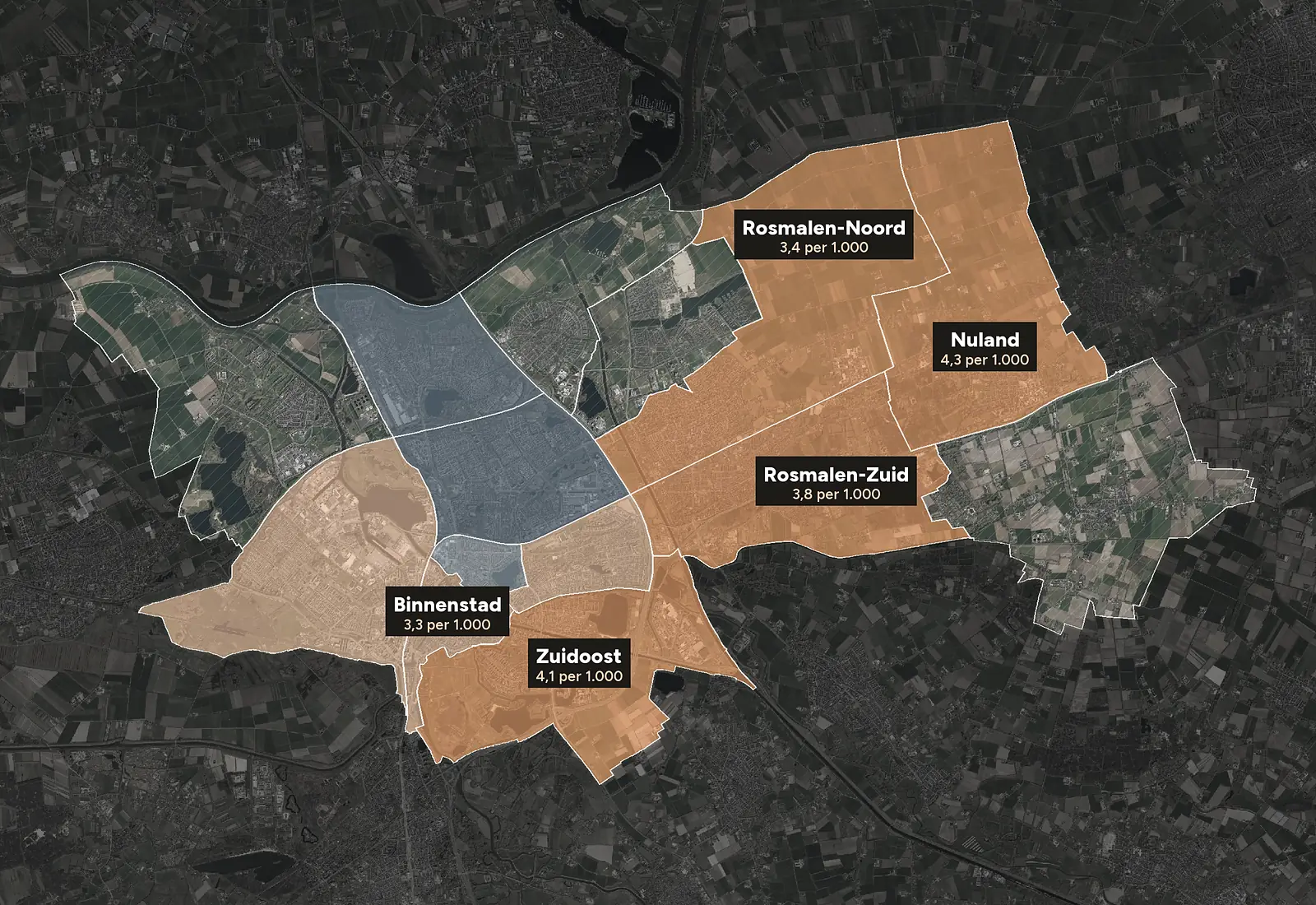Luchtfoto van ’s-Hertogenbosch met de wijken ingekleurd naar woninginbraken per 1.000 woningen, 2023-2025