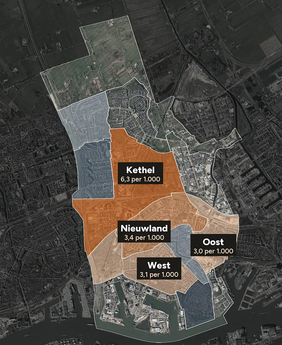 Luchtfoto van Schiedam met de wijken ingekleurd